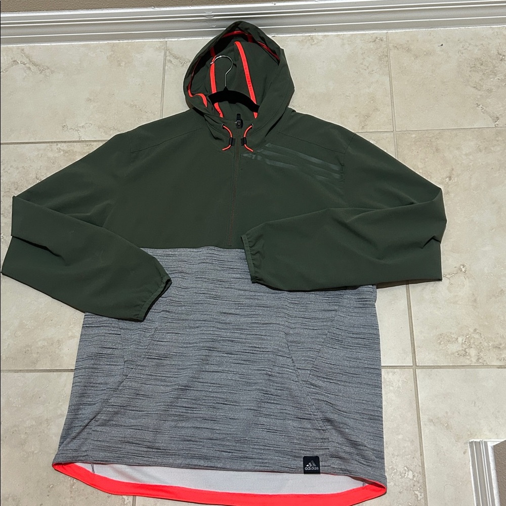 Adidas Climalite Green & Grey Hooded Pullover with Orange Accents